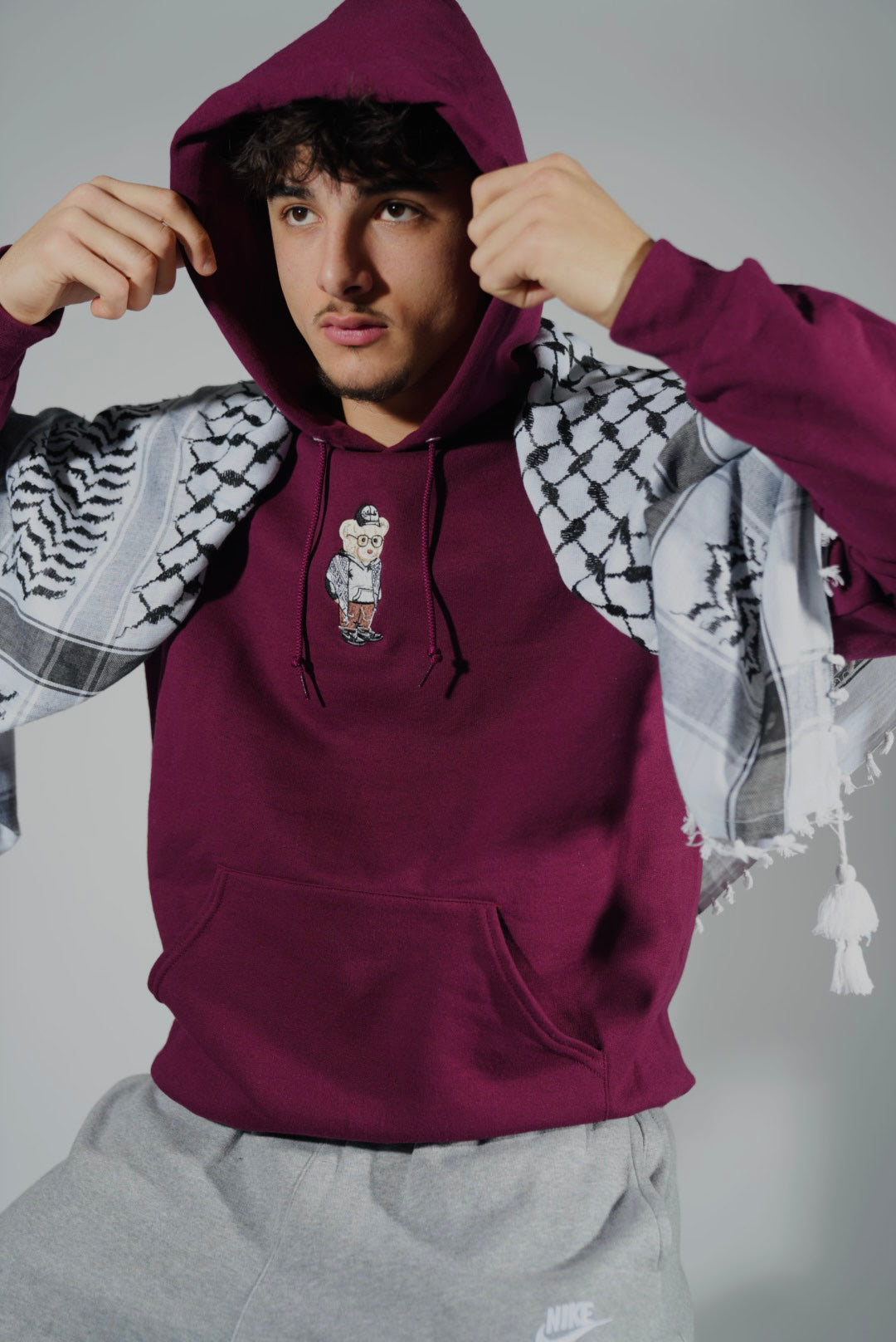 Embroidered Kuffiyeh Bear Maroon Hoodie