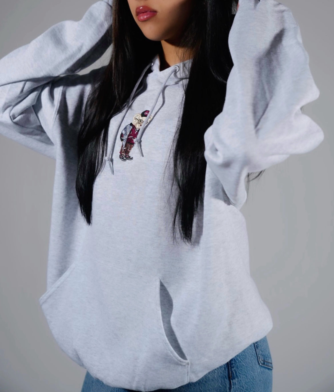 Embroidered Kuffiyeh Bear Grey Hoodie