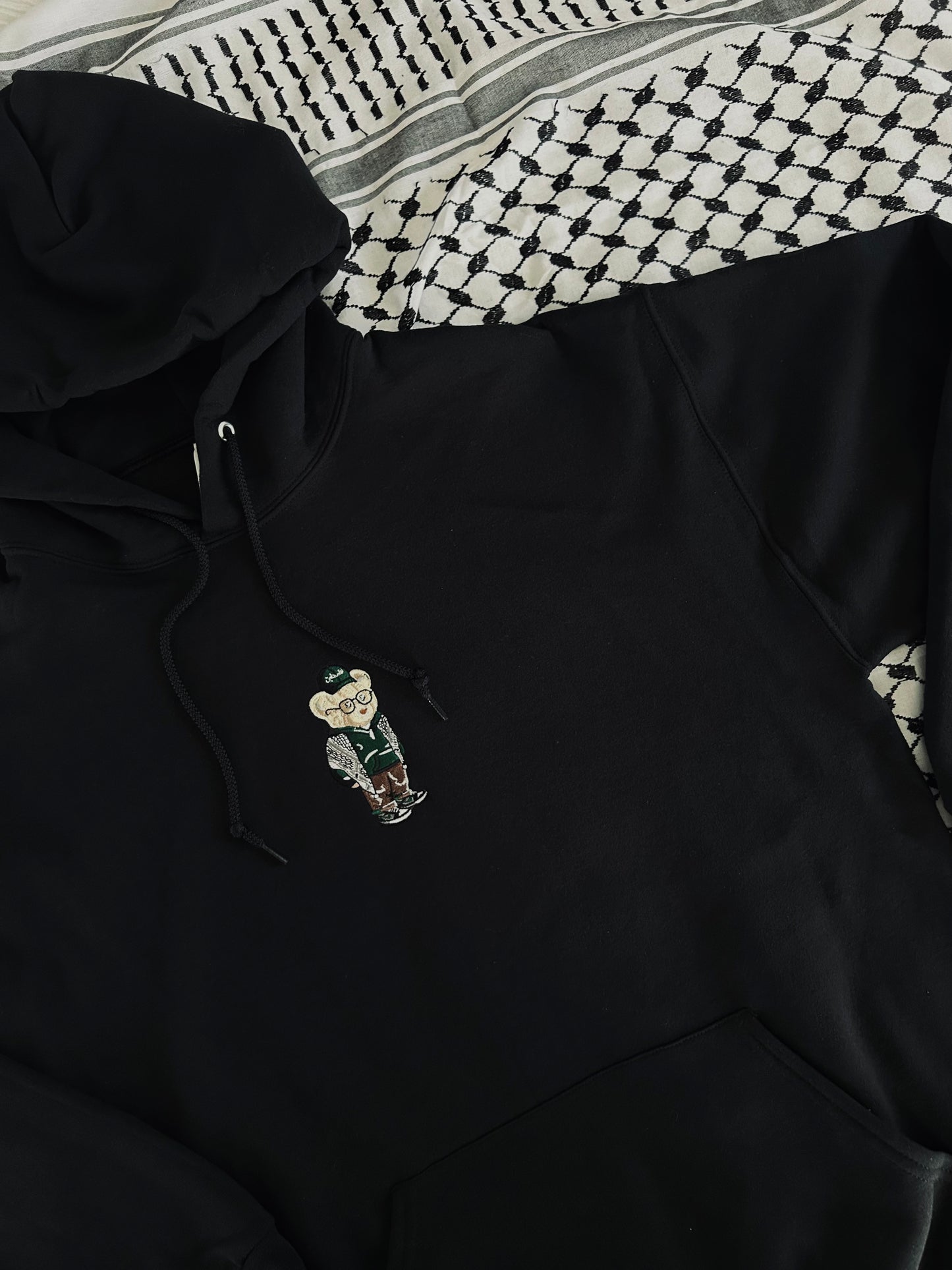 Embroidered Kuffiyeh Bear Black Hoodie