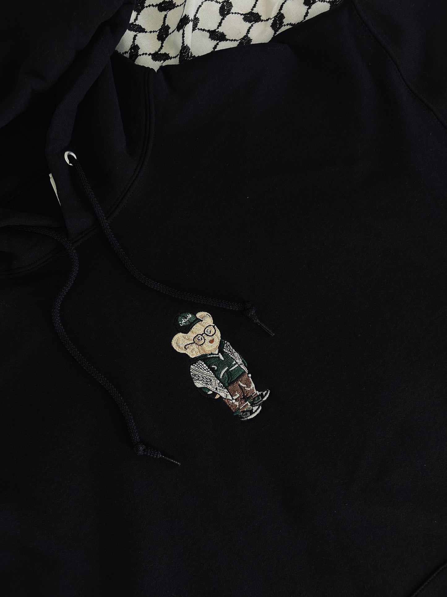 Embroidered Kuffiyeh Bear Black Hoodie