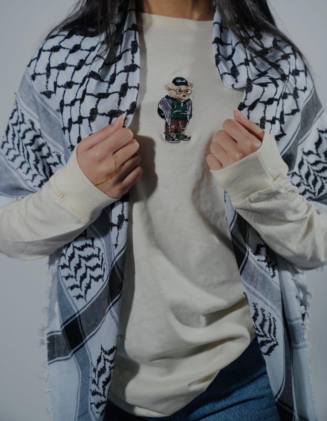 Embroidered Kuffiyeh Bear Cream Longsleeve Tee