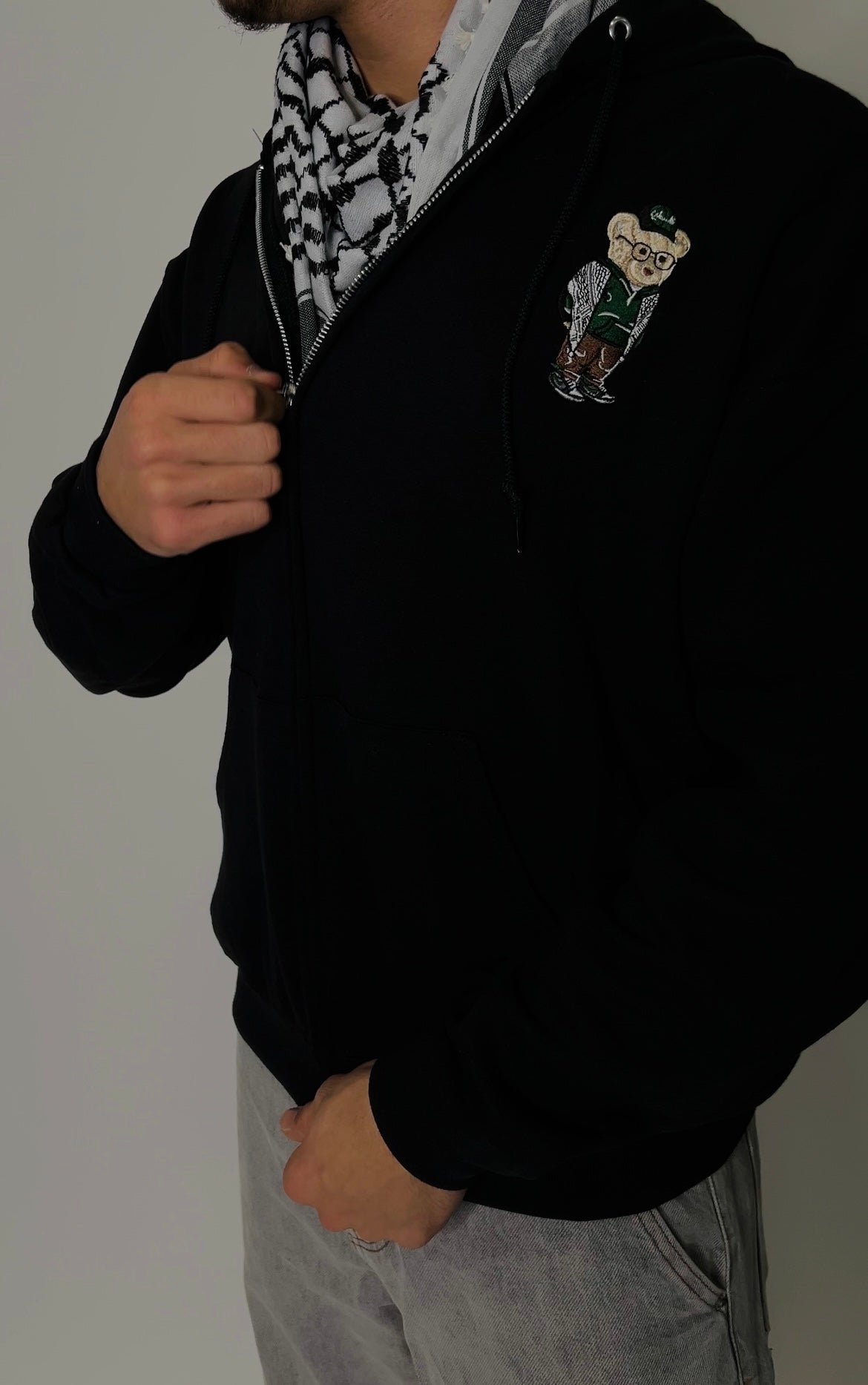 Embroidered Kuffiyeh Bear Black Zip Up